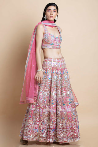 Rose Pink Embroidered Organza Lehenga Set - Kavvach 
