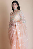 Peach Embroidered Silk Organza Saree - Kavvach 