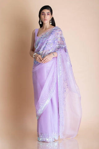 Lavender Embroidered Silk Organza Saree - Kavvach 