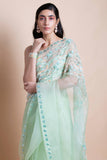 Neo Mint Embroidered Silk Organza Saree - Kavvach 