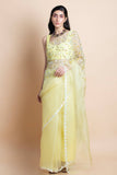 Lime Yellow Embroidered Silk Organza Saree - Kavvach 
