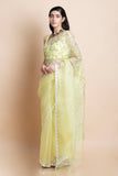 Lime Yellow Embroidered Silk Organza Saree - Kavvach 