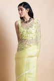 Lime Yellow Embroidered Silk Organza Saree - Kavvach 