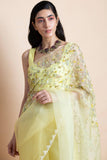Lime Yellow Embroidered Silk Organza Saree - Kavvach 