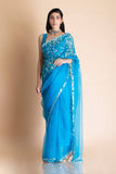 Azure Blue Embroidered Silk Organza Saree - Kavvach 