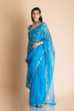 Azure Blue Embroidered Silk Organza Saree - Kavvach 