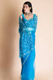 Azure Blue Embroidered Silk Organza Saree - Kavvach 