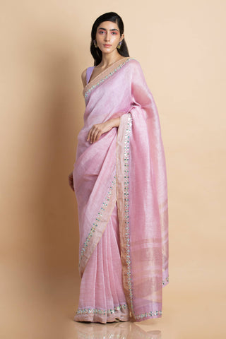 Lilac Embroidered Linen Silk Saree - Kavvach 