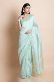 Mint Embroidered Linen Silk Saree - Kavvach 
