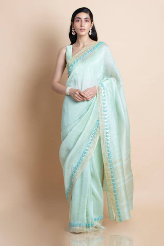 Mint Embroidered Linen Silk Saree - Kavvach 