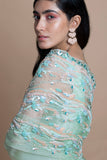 Neo Mint Embroidered Silk Organza Saree - Kavvach 