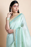 Mint Embroidered Linen Silk Saree - Kavvach 