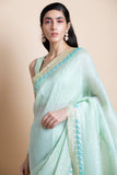 Mint Embroidered Linen Silk Saree - Kavvach 