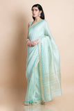 Mint Embroidered Linen Silk Saree - Kavvach 