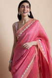 Pink Embroidered Linen Silk Saree - Kavvach 