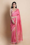 Pink Embroidered Linen Silk Saree - Kavvach 