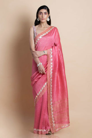 Pink Embroidered Linen Silk Saree - Kavvach 