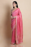 Pink Embroidered Linen Silk Saree - Kavvach 