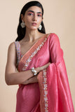 Pink Embroidered Linen Silk Saree - Kavvach 