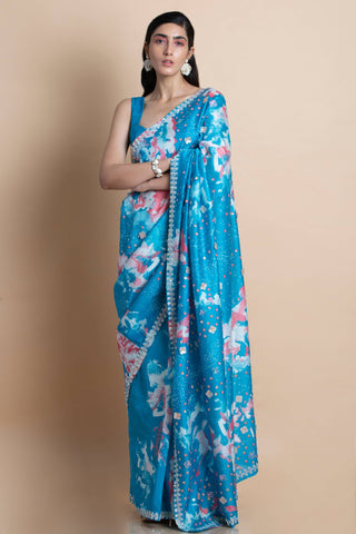 Blue Printed & Embroidered Saree - Kavvach 