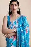 Blue Printed & Embroidered Saree - Kavvach 
