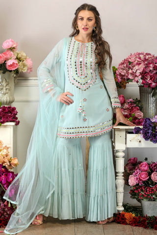 Blue Short Kurta with Sharara Pants & Dupatta