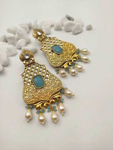 Gold Plated Drop Blue Festive Earrings by Yuvaan Jewels - Kavvach 
