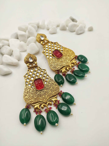 Gold Plated Drop Red Festive Earrings by Yuvaan Jewels - Kavvach 