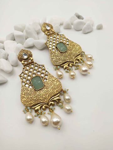 Gold Plated Drop Green Festive Earrings by Yuvaan Jewels - Kavvach 