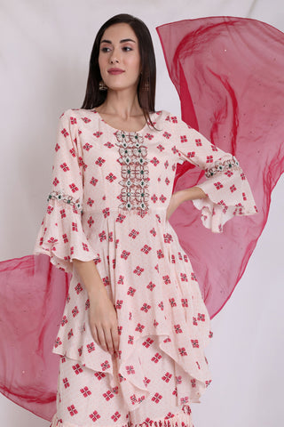 Embellished Sharara with asymetric top and dupatta - Kavvach 