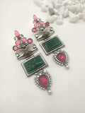 Pink and Green Hand Carved Earrings by Yuvaan Jewels - Kavvach 