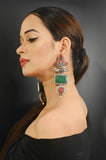 Pink and Green Hand Carved Earrings by Yuvaan Jewels - Kavvach 