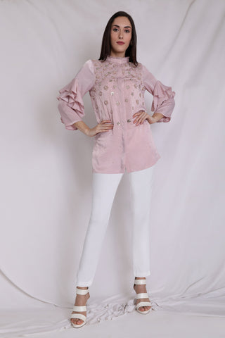 Lilac Suede Satin Ruffle Sleeve Shirt