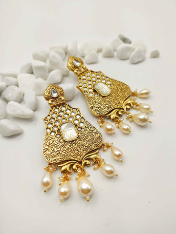 Gold Plated Drop White Festive Earrings by Yuvaan Jewels - Kavvach 
